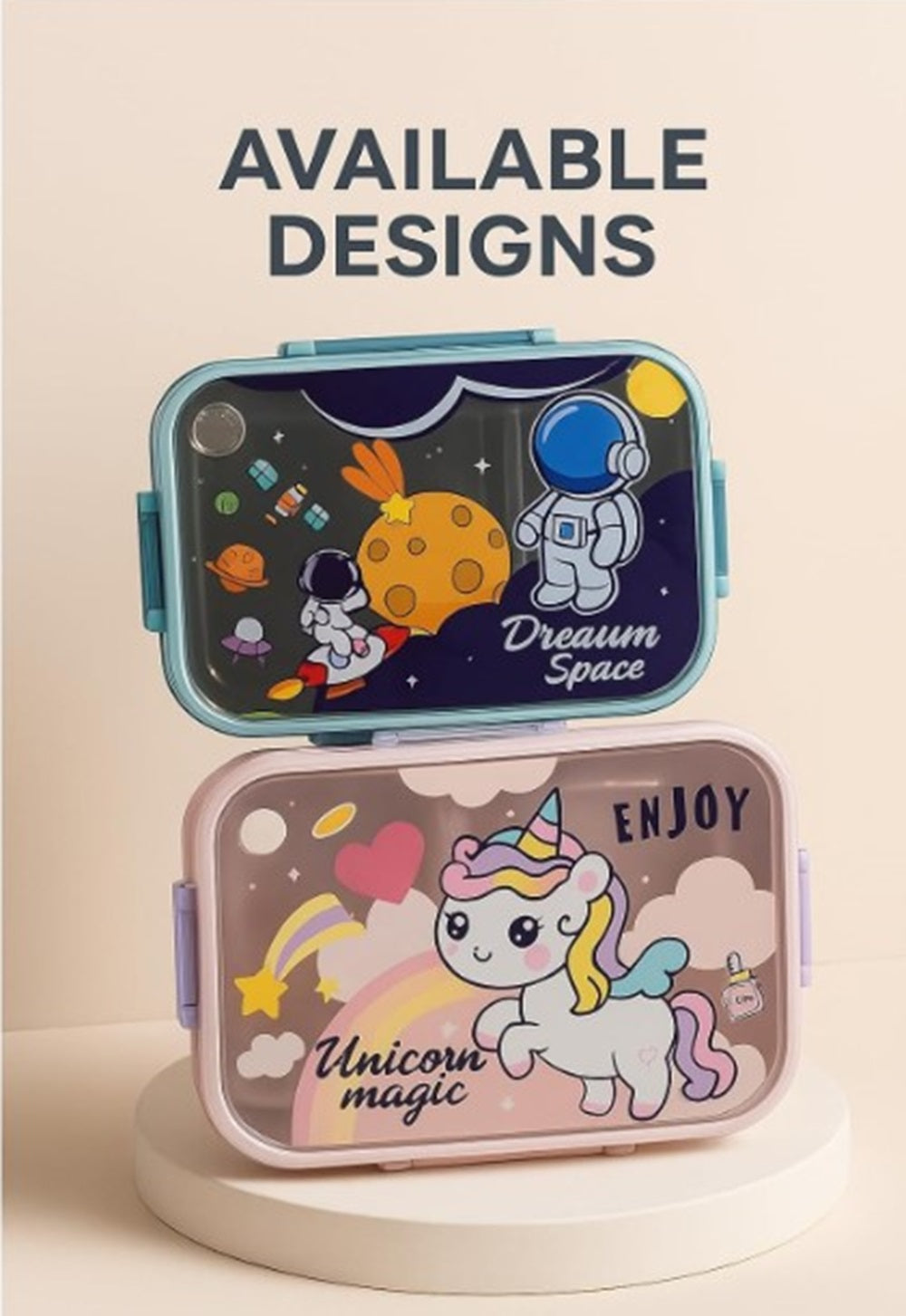 CuddleNest Steel Lunch Box 750 ml | 3 Compartment Bento Style Tiffin with Spoon & Chopsticks | Leakproof, BPA-Free, Space Astronaut/Unicorn magic Theme