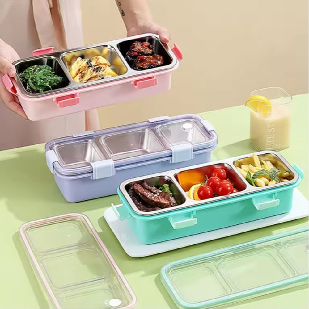 CuddleNest Premium 3-Compartment Stainless Steel Snack Box | Leak-Proof & BPA-Free Solid Food Container | Dishwasher Safe | Perfect for Kids, School, Office & Travel (650ml)