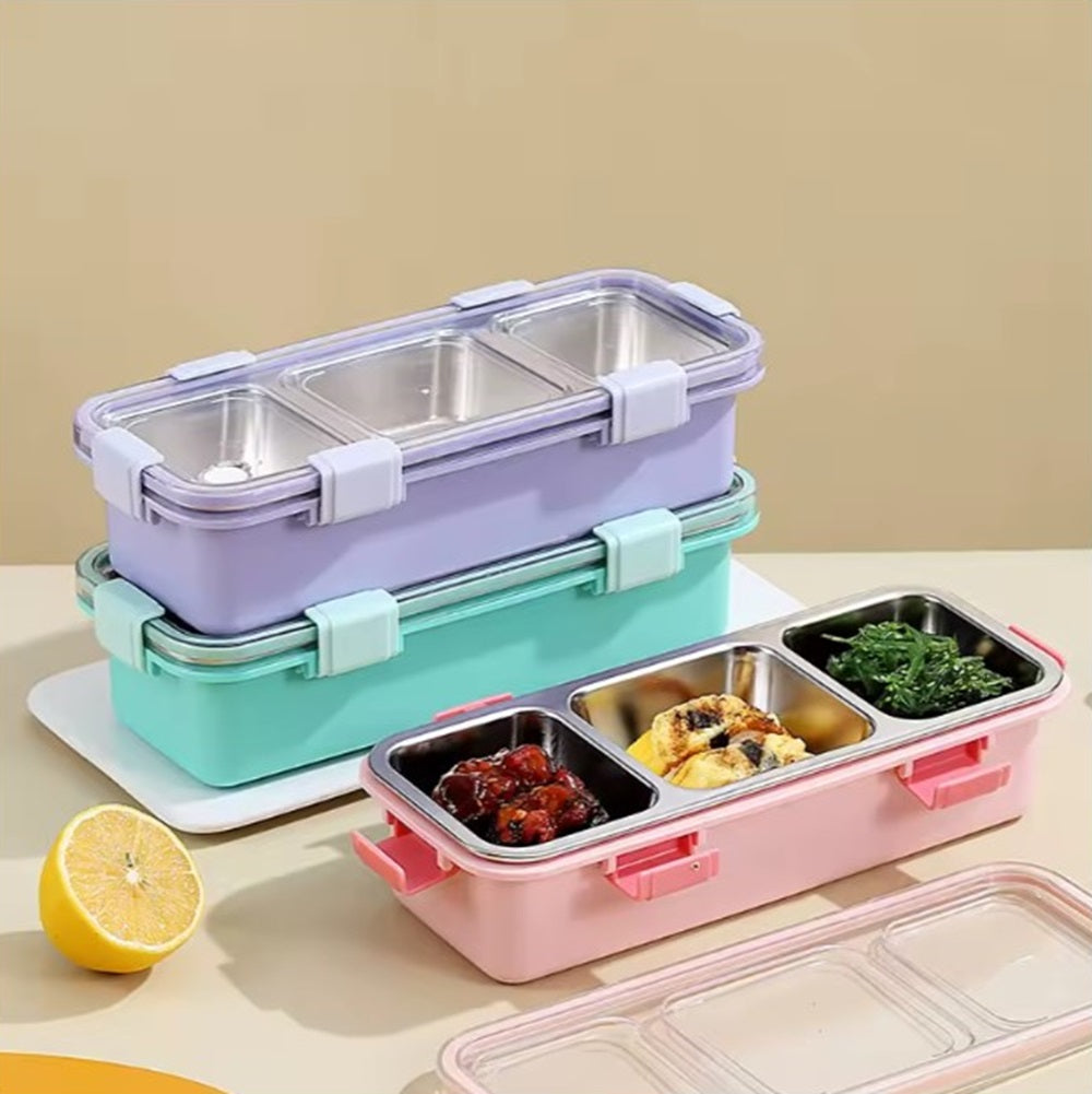 CuddleNest Premium 3-Compartment Stainless Steel Snack Box | Leak-Proof & BPA-Free Solid Food Container | Dishwasher Safe | Perfect for Kids, School, Office & Travel (650ml)