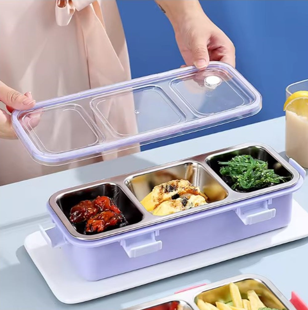 CuddleNest Premium 3-Compartment Stainless Steel Snack Box | Leak-Proof & BPA-Free Solid Food Container | Dishwasher Safe | Perfect for Kids, School, Office & Travel (650ml)