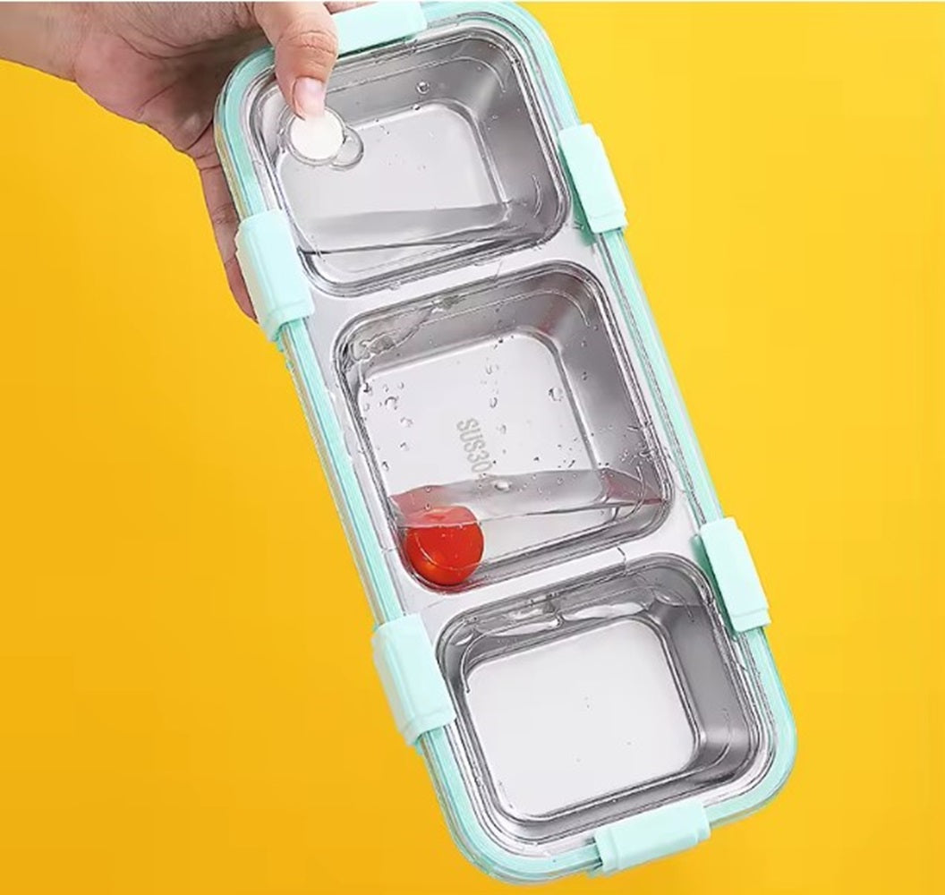 CuddleNest Premium 3-Compartment Stainless Steel Snack Box | Leak-Proof & BPA-Free Solid Food Container | Dishwasher Safe | Perfect for Kids, School, Office & Travel (650ml)