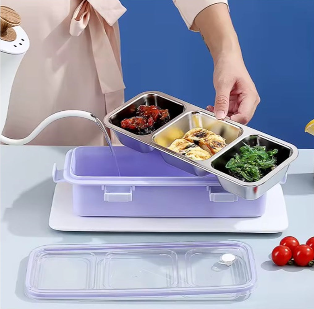 CuddleNest Premium 3-Compartment Stainless Steel Snack Box | Leak-Proof & BPA-Free Solid Food Container | Dishwasher Safe | Perfect for Kids, School, Office & Travel (650ml)