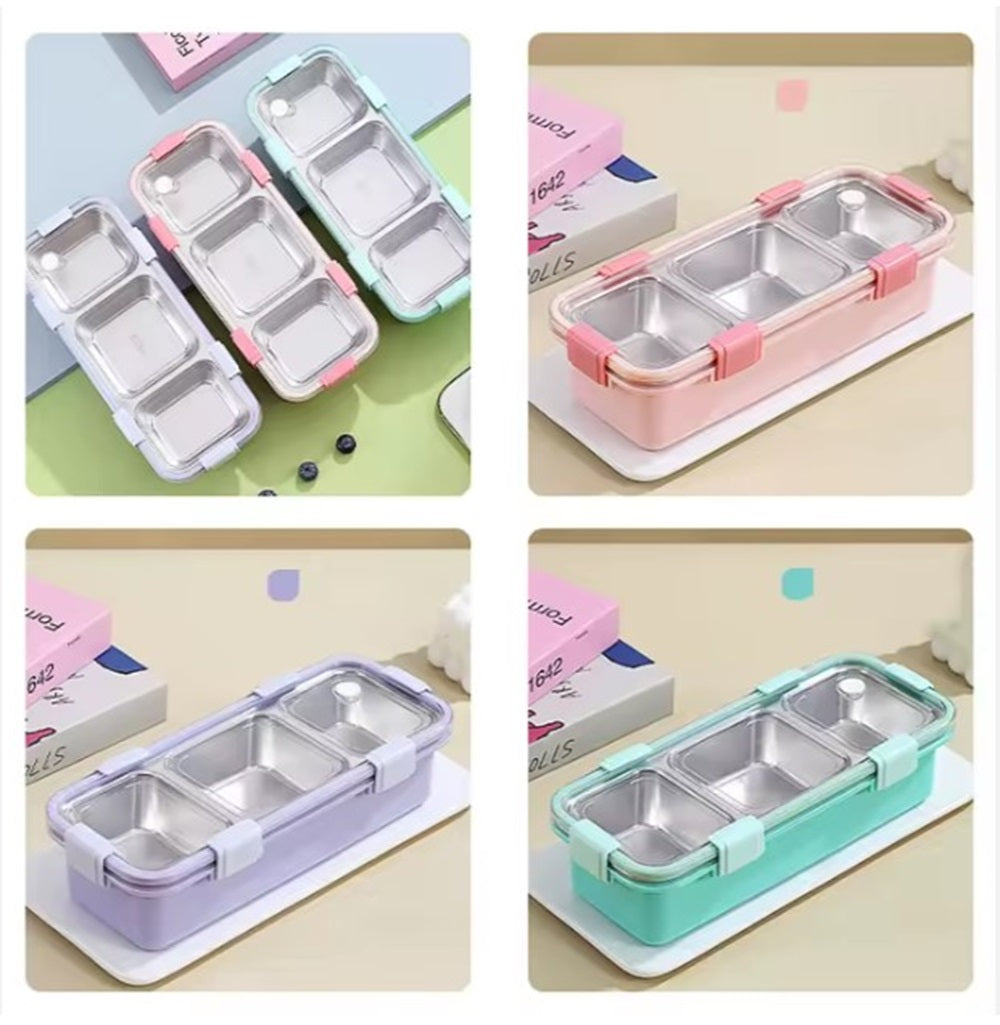 CuddleNest Premium 3-Compartment Stainless Steel Snack Box | Leak-Proof & BPA-Free Solid Food Container | Dishwasher Safe | Perfect for Kids, School, Office & Travel (650ml)