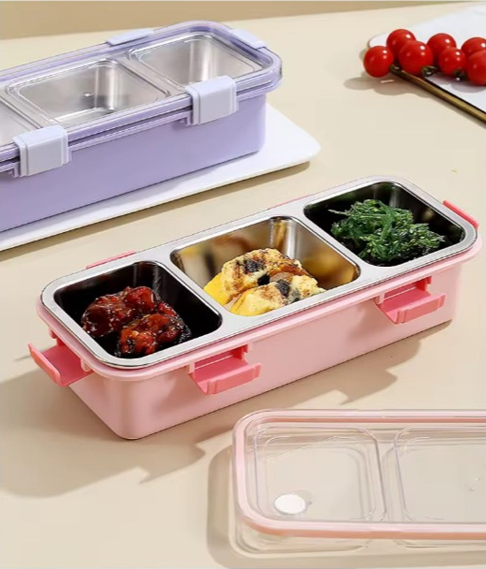 CuddleNest Premium 3-Compartment Stainless Steel Snack Box | Leak-Proof & BPA-Free Solid Food Container | Dishwasher Safe | Perfect for Kids, School, Office & Travel (650ml)