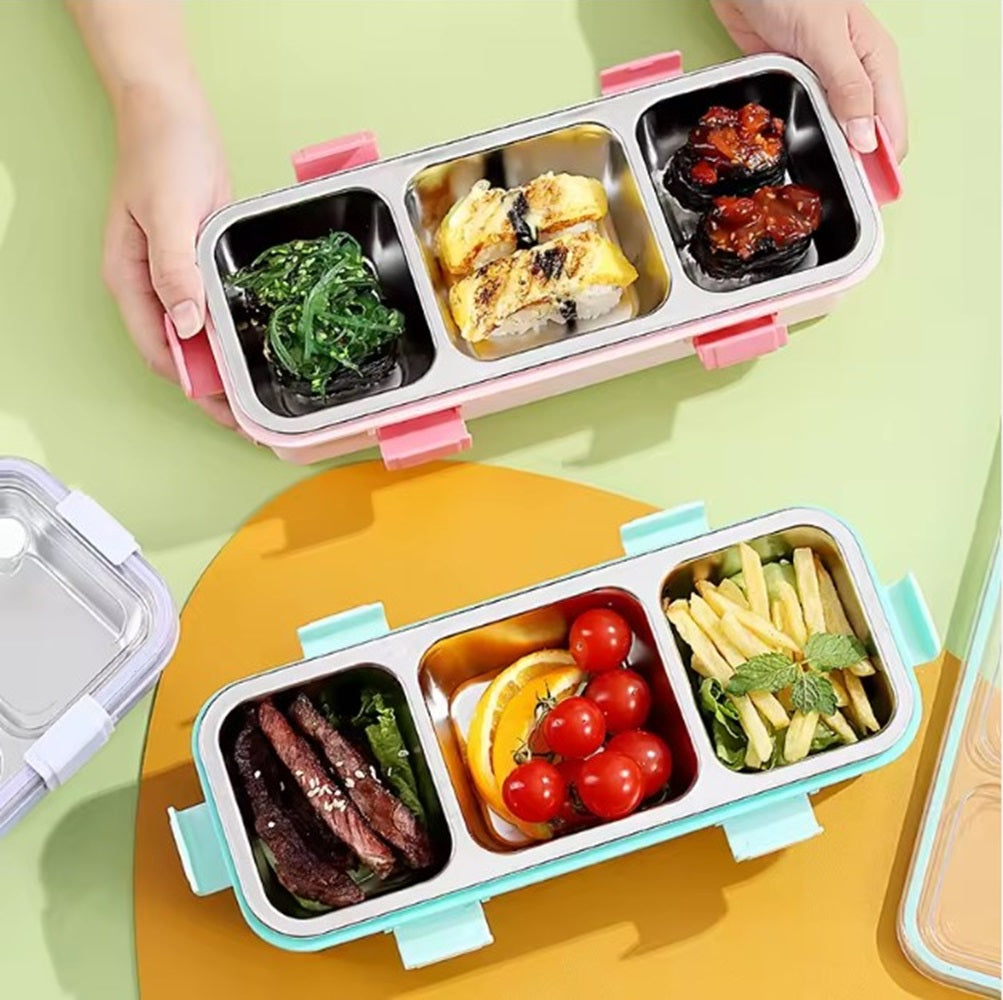 CuddleNest Premium 3-Compartment Stainless Steel Snack Box | Leak-Proof & BPA-Free Solid Food Container | Dishwasher Safe | Perfect for Kids, School, Office & Travel (650ml)