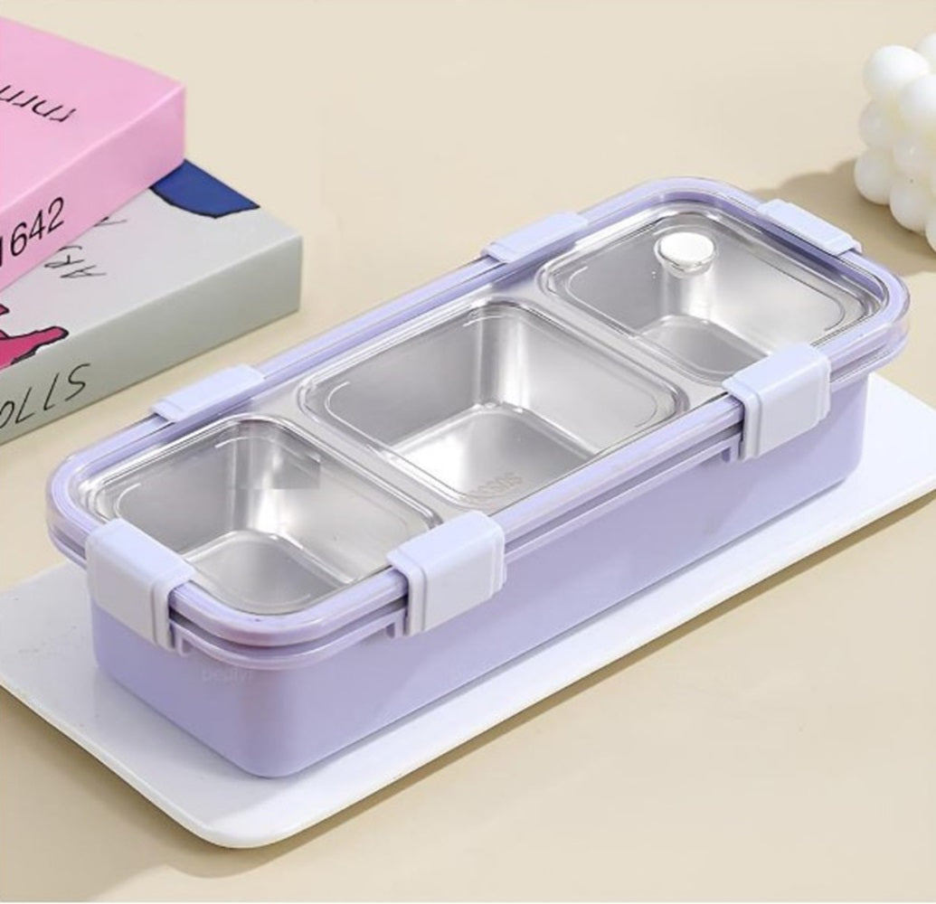 CuddleNest Premium 3-Compartment Stainless Steel Snack Box | Leak-Proof & BPA-Free Solid Food Container | Dishwasher Safe | Perfect for Kids, School, Office & Travel (650ml)