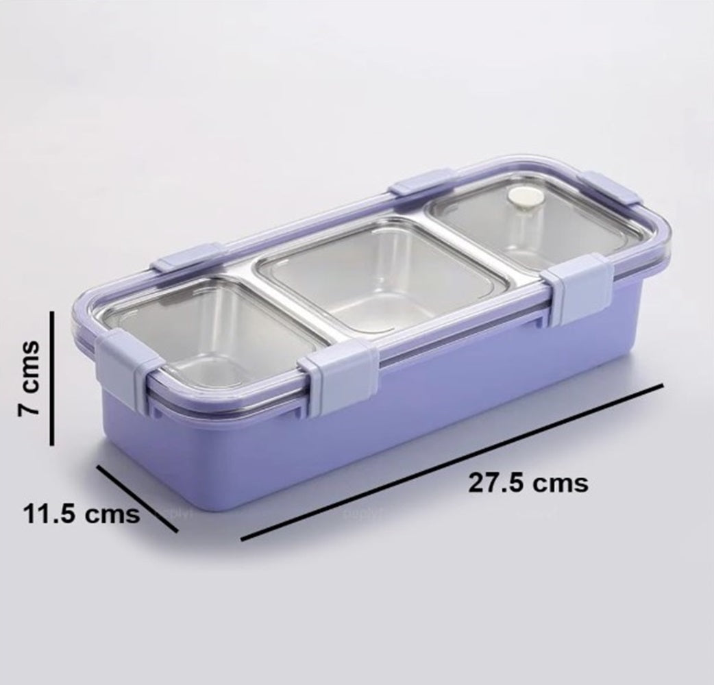 CuddleNest Premium 3-Compartment Stainless Steel Snack Box | Leak-Proof & BPA-Free Solid Food Container | Dishwasher Safe | Perfect for Kids, School, Office & Travel (650ml)