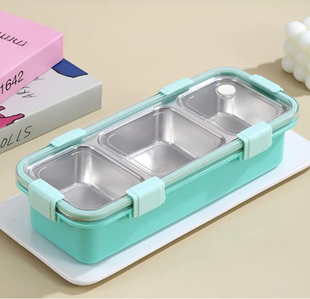 CuddleNest Premium 3-Compartment Stainless Steel Snack Box | Leak-Proof & BPA-Free Solid Food Container | Dishwasher Safe | Perfect for Kids, School, Office & Travel (650ml)