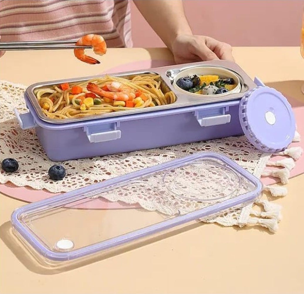 CuddleNest Bento-Style Stainless Steel Lunch Box | 600ml + 150ml Inner Round Container | Leak-Proof Lid, BPA-Free, Compact for Kids, Office & Travel