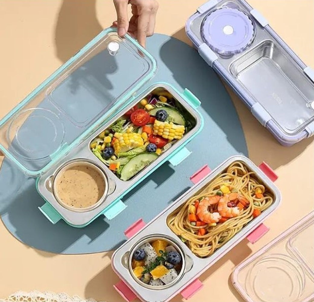 CuddleNest Bento-Style Stainless Steel Lunch Box | 600ml + 150ml Inner Round Container | Leak-Proof Lid, BPA-Free, Compact for Kids, Office & Travel