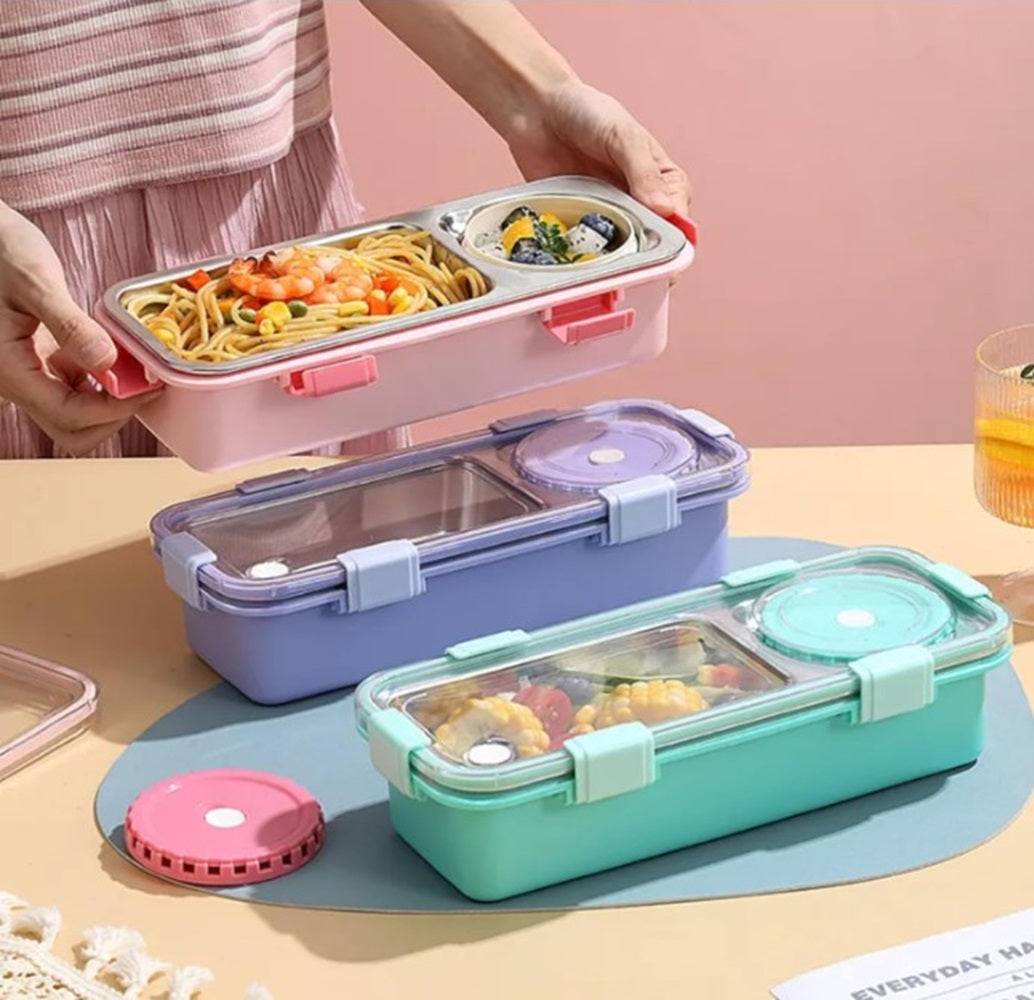CuddleNest Bento-Style Stainless Steel Lunch Box | 600ml + 150ml Inner Round Container | Leak-Proof Lid, BPA-Free, Compact for Kids, Office & Travel