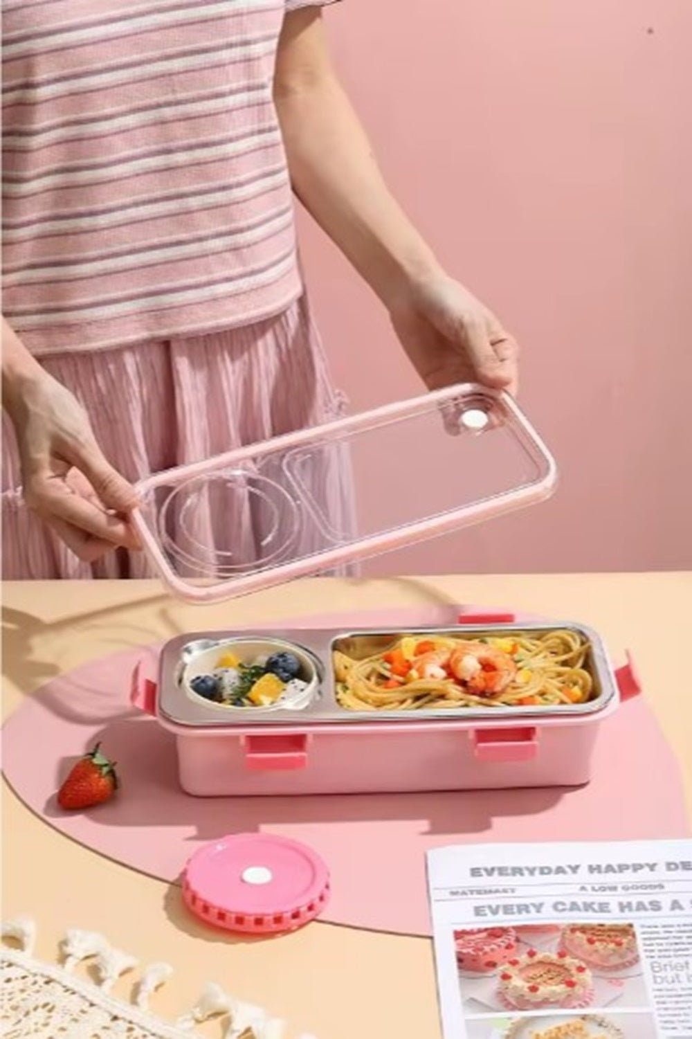 CuddleNest Bento-Style Stainless Steel Lunch Box | 600ml + 150ml Inner Round Container | Leak-Proof Lid, BPA-Free, Compact for Kids, Office & Travel