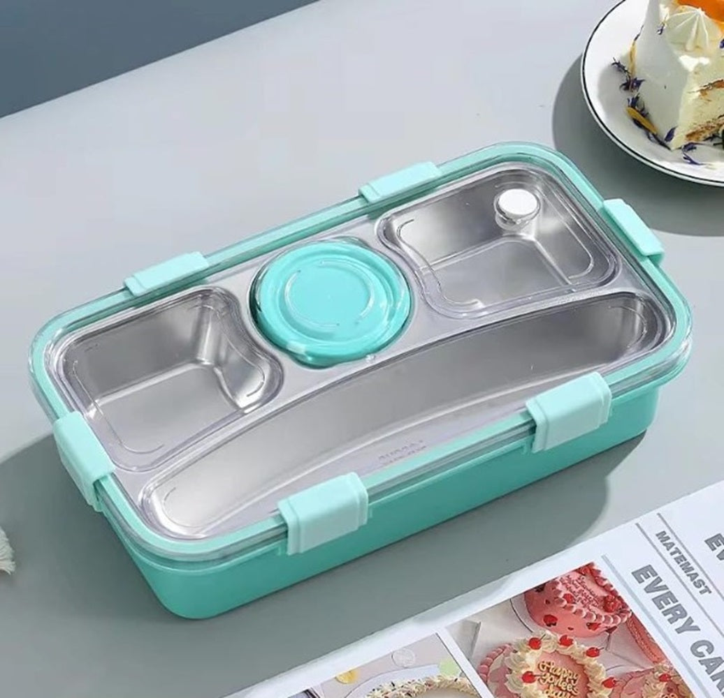 CuddleNest 3 Compartment Stainless Steel Lunch Box with Extra Sauce Bowl | Leakproof Bento Tiffin for Kids & Office | Durable, Cute, Easy-to-Carry Lunch Container