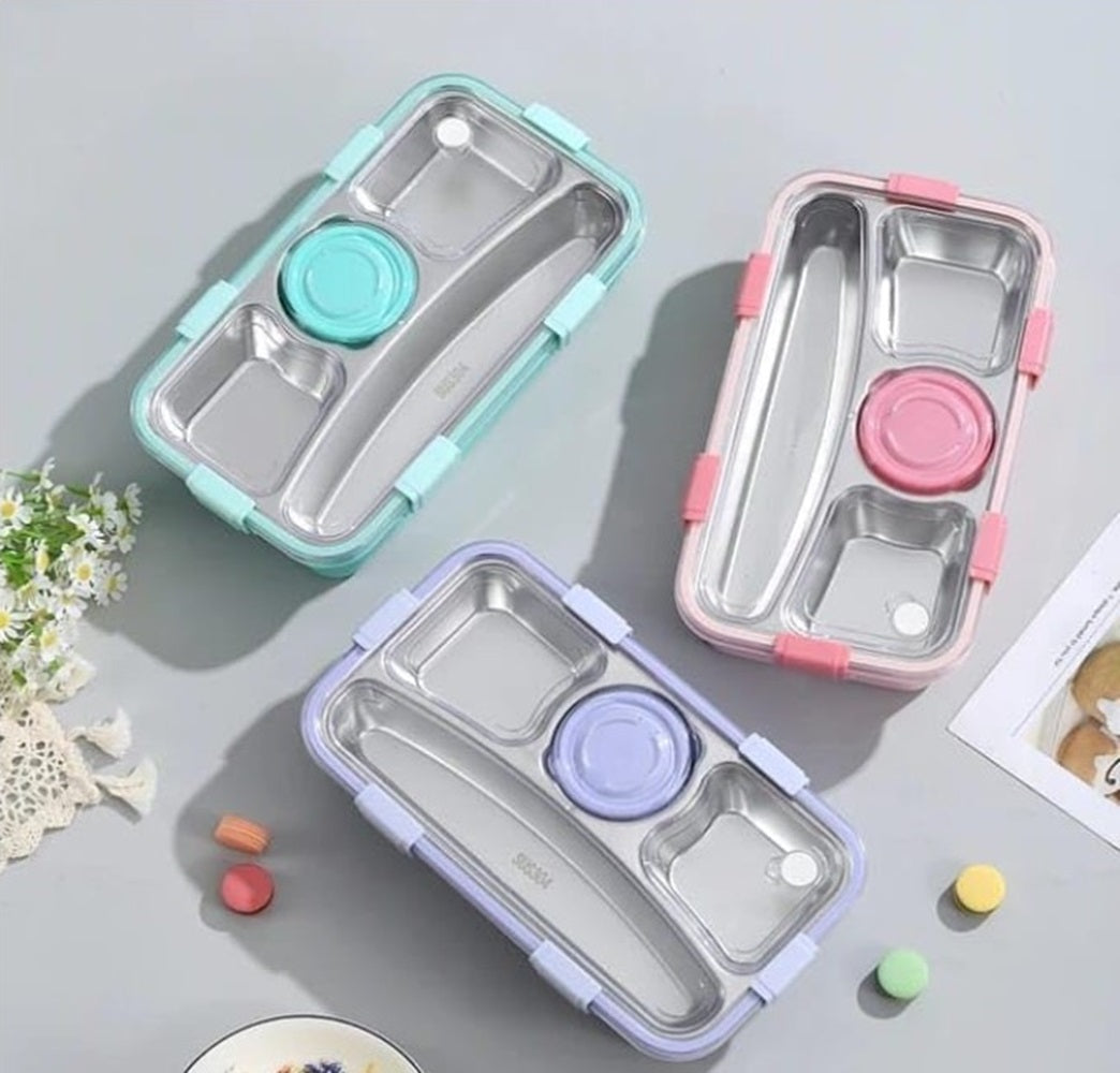 CuddleNest 3 Compartment Stainless Steel Lunch Box with Extra Sauce Bowl | Leakproof Bento Tiffin for Kids & Office | Durable, Cute, Easy-to-Carry Lunch Container