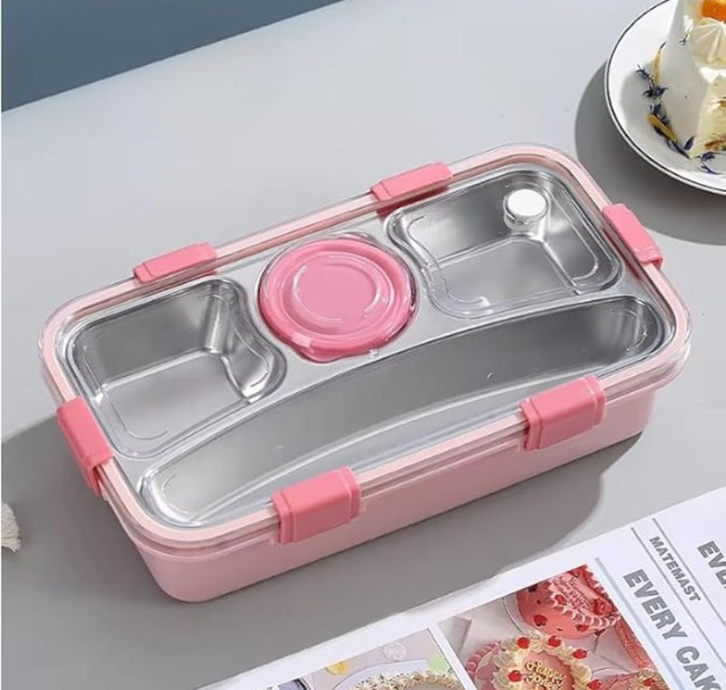 CuddleNest 3 Compartment Stainless Steel Lunch Box with Extra Sauce Bowl | Leakproof Bento Tiffin for Kids & Office | Durable, Cute, Easy-to-Carry Lunch Container