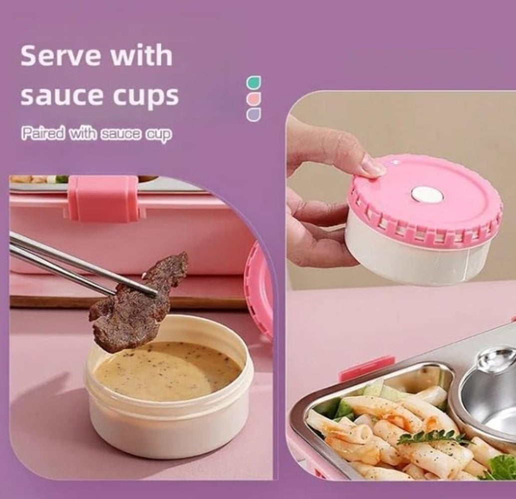 CuddleNest 3 Compartment Stainless Steel Lunch Box with Extra Sauce Bowl | Leakproof Bento Tiffin for Kids & Office | Durable, Cute, Easy-to-Carry Lunch Container
