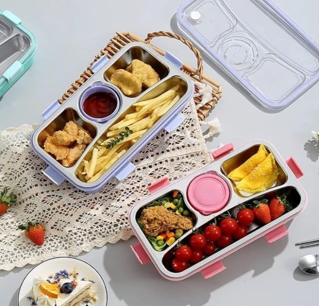CuddleNest 3 Compartment Stainless Steel Lunch Box with Extra Sauce Bowl | Leakproof Bento Tiffin for Kids & Office | Durable, Cute, Easy-to-Carry Lunch Container