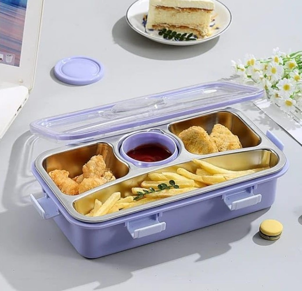 CuddleNest 3 Compartment Stainless Steel Lunch Box with Extra Sauce Bowl | Leakproof Bento Tiffin for Kids & Office | Durable, Cute, Easy-to-Carry Lunch Container