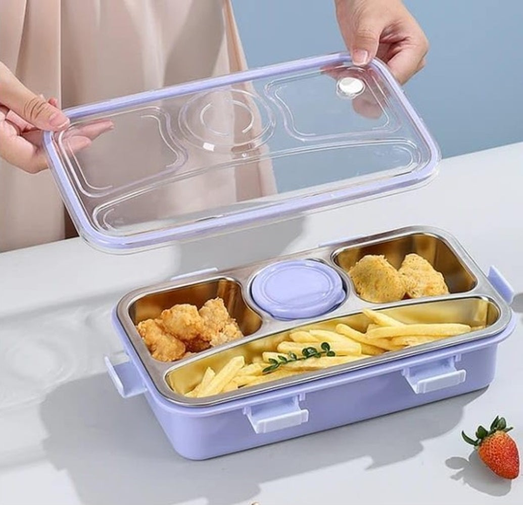 CuddleNest 3 Compartment Stainless Steel Lunch Box with Extra Sauce Bowl | Leakproof Bento Tiffin for Kids & Office | Durable, Cute, Easy-to-Carry Lunch Container