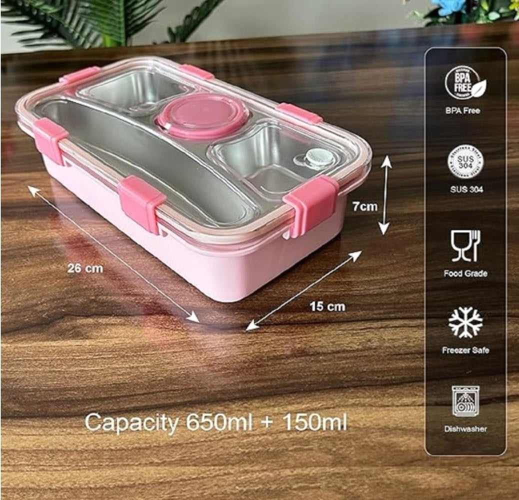 CuddleNest 3 Compartment Stainless Steel Lunch Box with Extra Sauce Bowl | Leakproof Bento Tiffin for Kids & Office | Durable, Cute, Easy-to-Carry Lunch Container