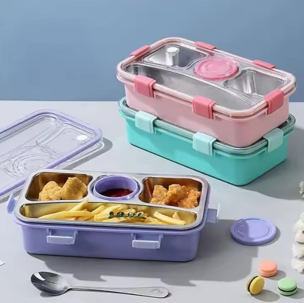 CuddleNest 3 Compartment Stainless Steel Lunch Box with Extra Sauce Bowl | Leakproof Bento Tiffin for Kids & Office | Durable, Cute, Easy-to-Carry Lunch Container