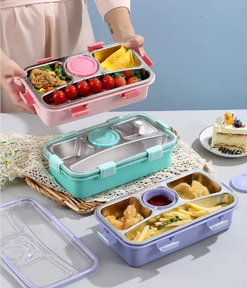 CuddleNest 3 Compartment Stainless Steel Lunch Box with Extra Sauce Bowl | Leakproof Bento Tiffin for Kids & Office | Durable, Cute, Easy-to-Carry Lunch Container