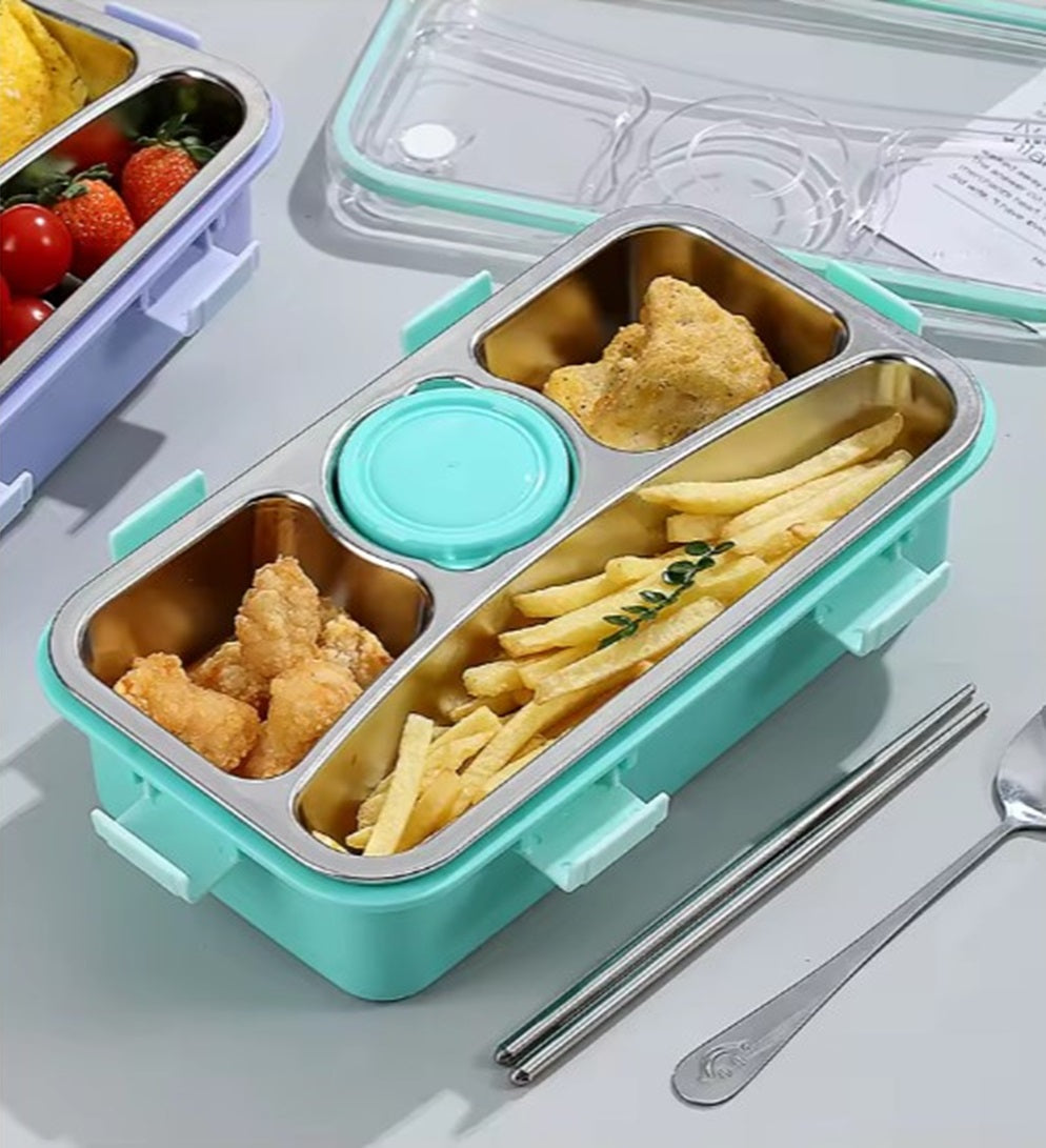 CuddleNest 3 Compartment Stainless Steel Lunch Box with Extra Sauce Bowl | Leakproof Bento Tiffin for Kids & Office | Durable, Cute, Easy-to-Carry Lunch Container