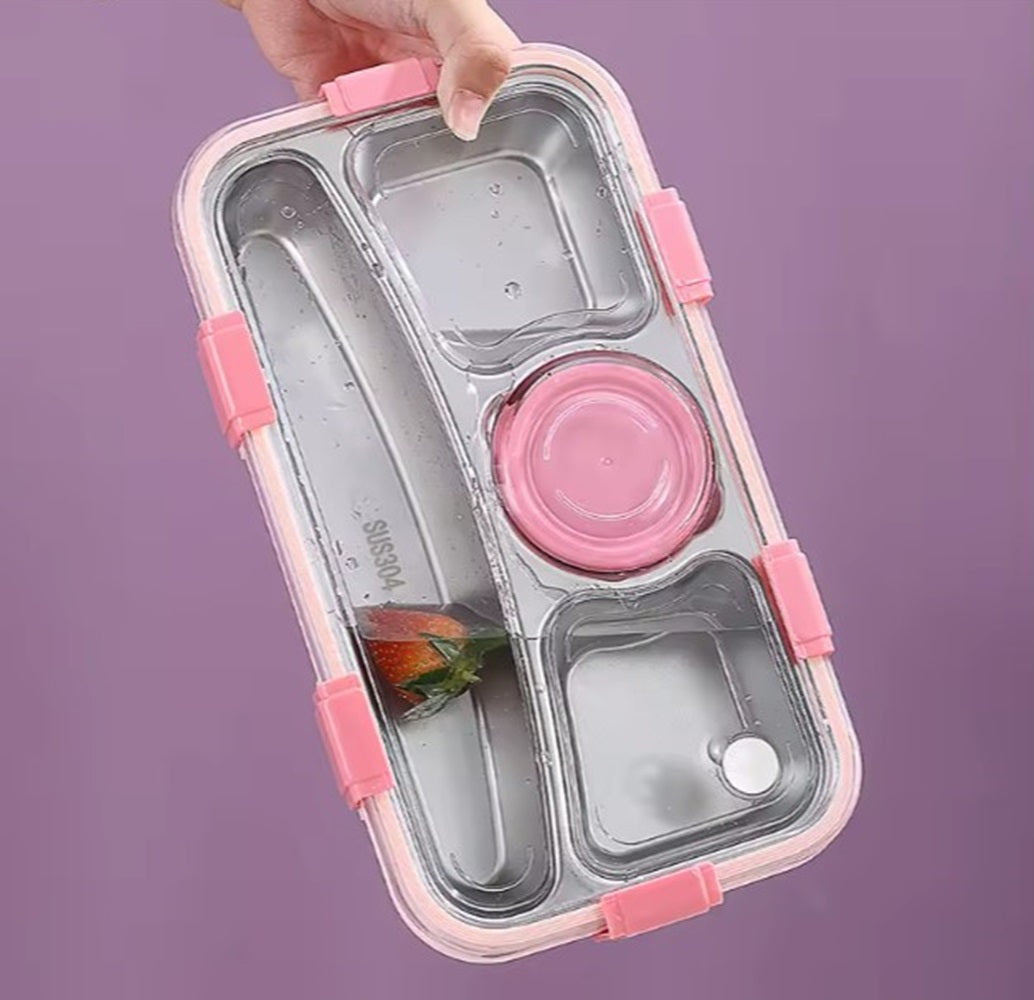 CuddleNest 3 Compartment Stainless Steel Lunch Box with Extra Sauce Bowl | Leakproof Bento Tiffin for Kids & Office | Durable, Cute, Easy-to-Carry Lunch Container