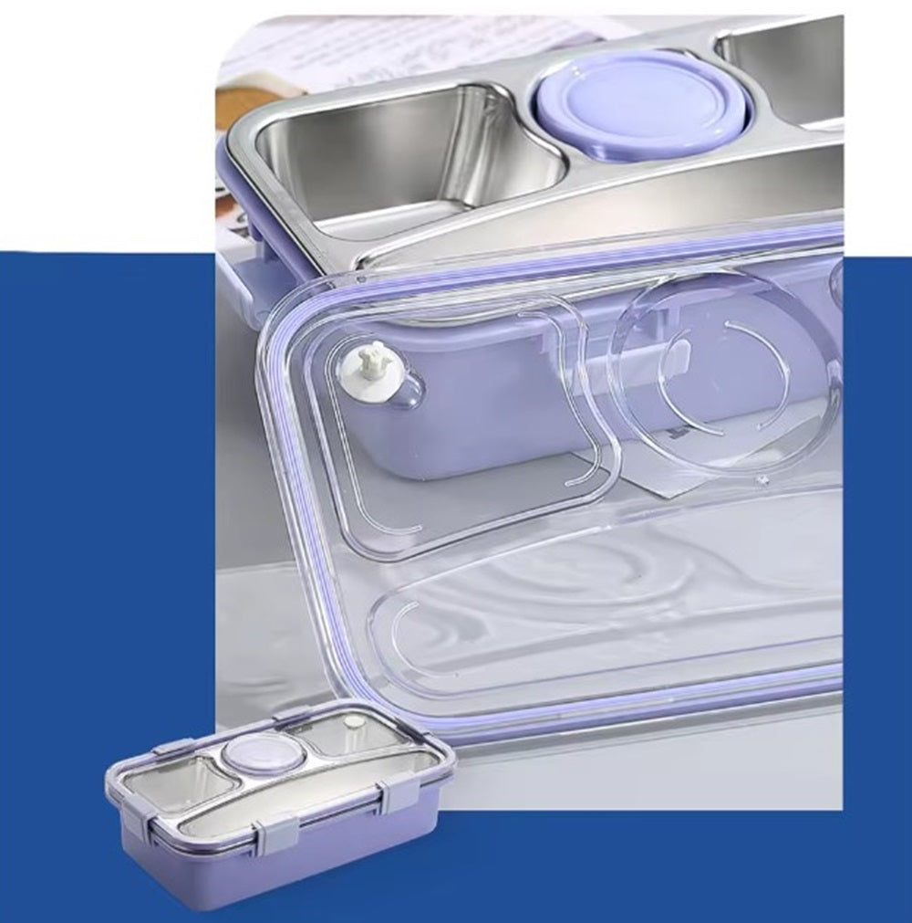 CuddleNest 3 Compartment Stainless Steel Lunch Box with Extra Sauce Bowl | Leakproof Bento Tiffin for Kids & Office | Durable, Cute, Easy-to-Carry Lunch Container