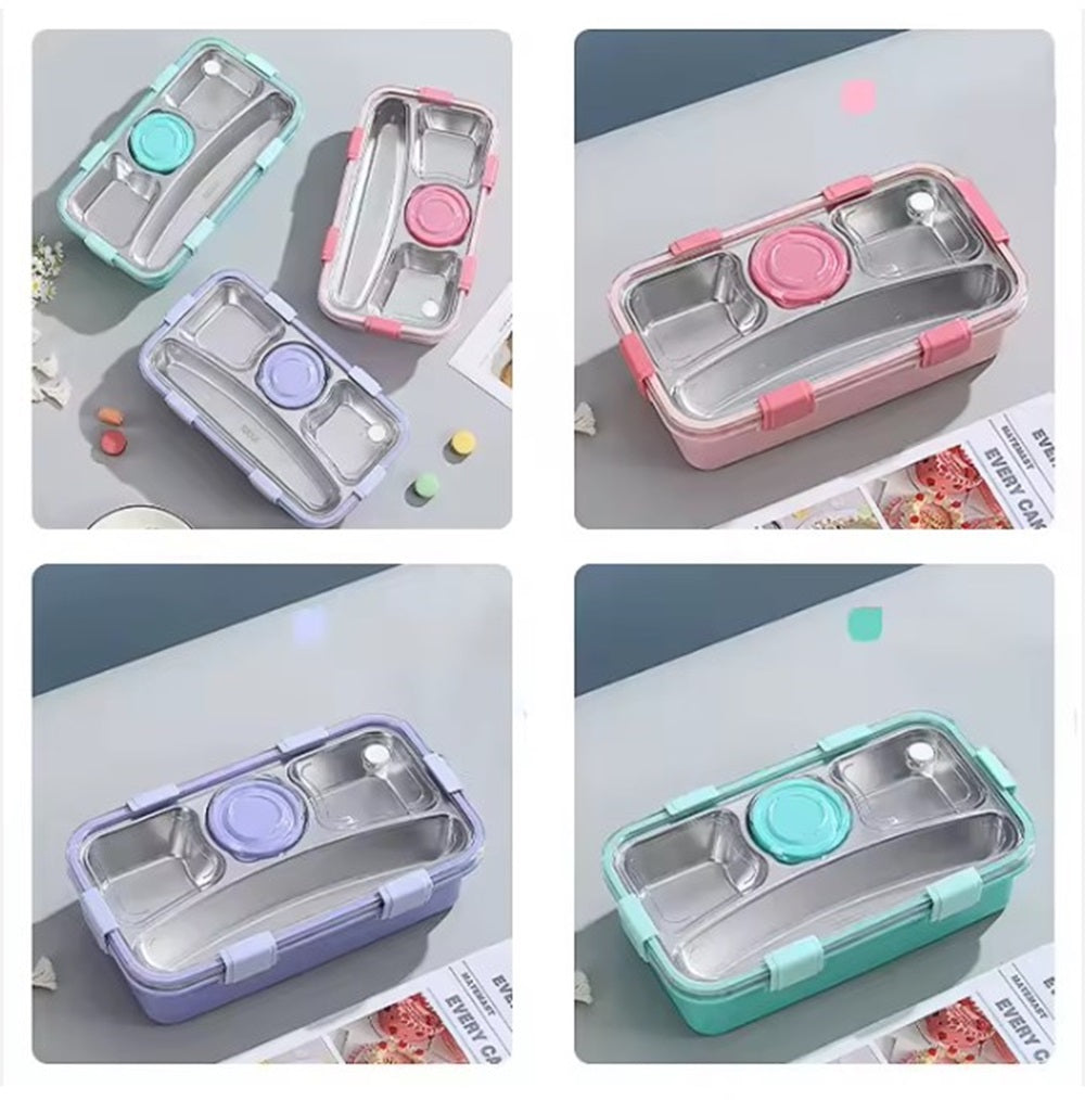 CuddleNest 3 Compartment Stainless Steel Lunch Box with Extra Sauce Bowl | Leakproof Bento Tiffin for Kids & Office | Durable, Cute, Easy-to-Carry Lunch Container
