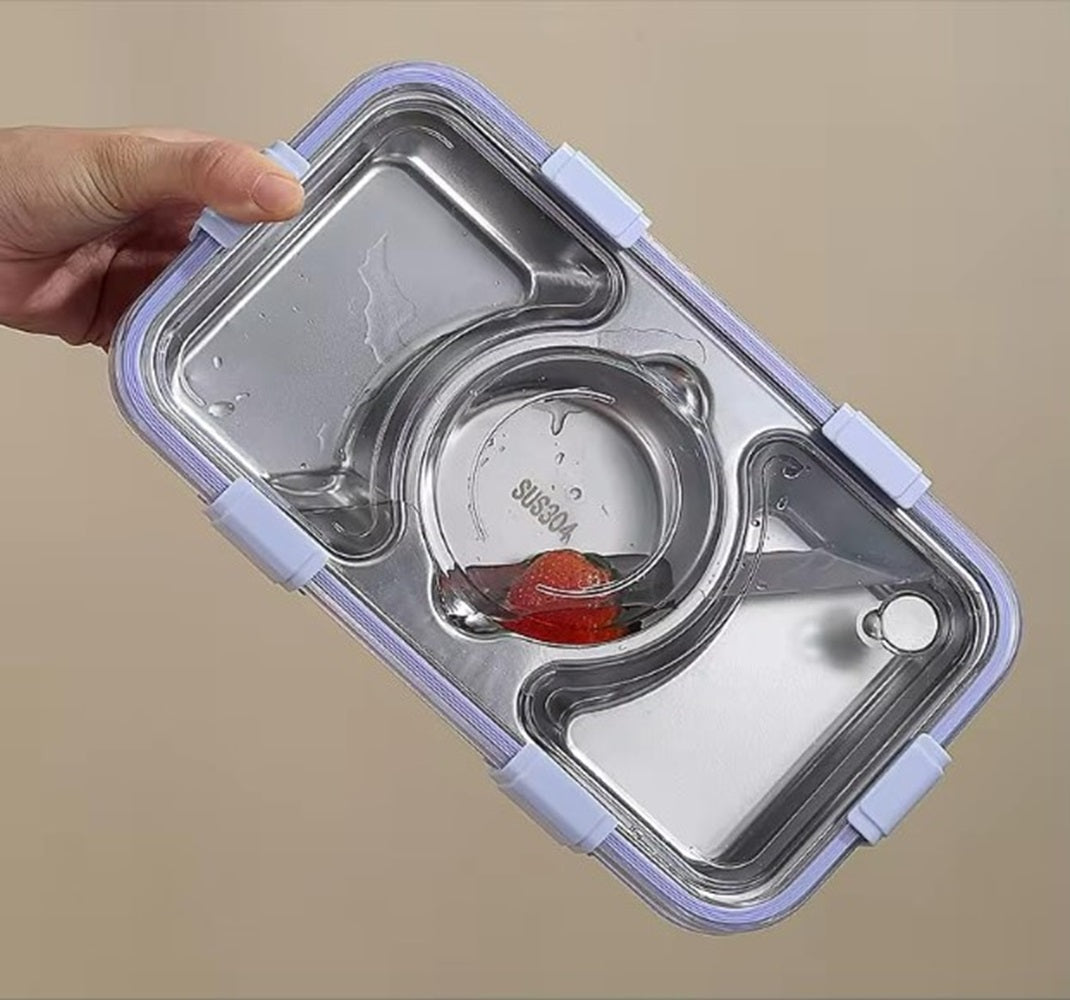 CuddleNest Stainless Steel Lunch Box with 3 Compartments (650ml + 150ml), Spoon & Chopsticks | Leakproof Thermal Tiffin for Kids & Office