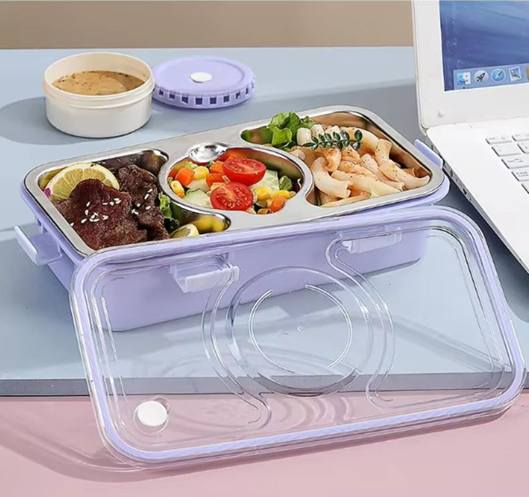 CuddleNest Stainless Steel Lunch Box with 3 Compartments (650ml + 150ml), Spoon & Chopsticks | Leakproof Thermal Tiffin for Kids & Office
