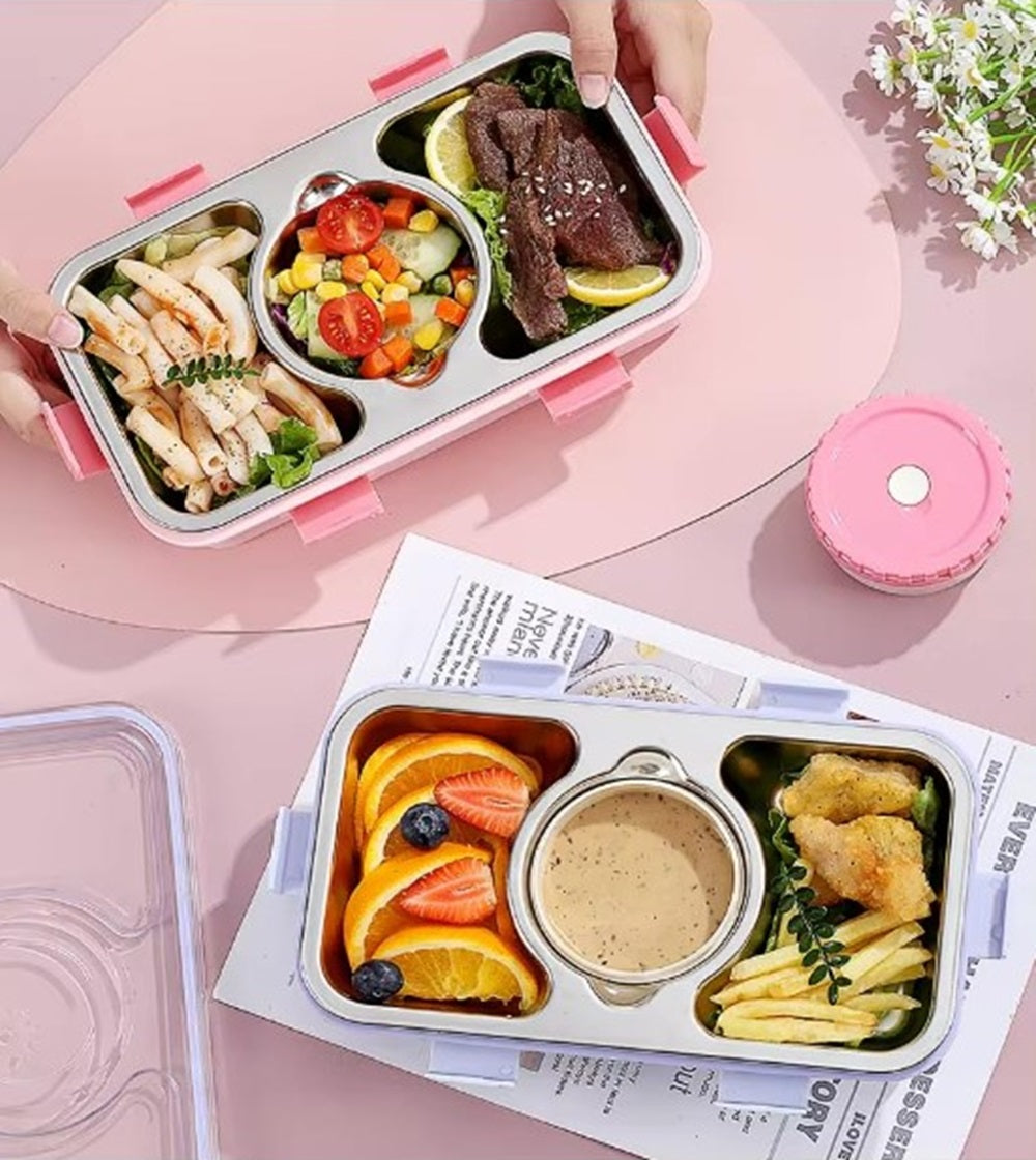 CuddleNest Stainless Steel Lunch Box with 3 Compartments (650ml + 150ml), Spoon & Chopsticks | Leakproof Thermal Tiffin for Kids & Office