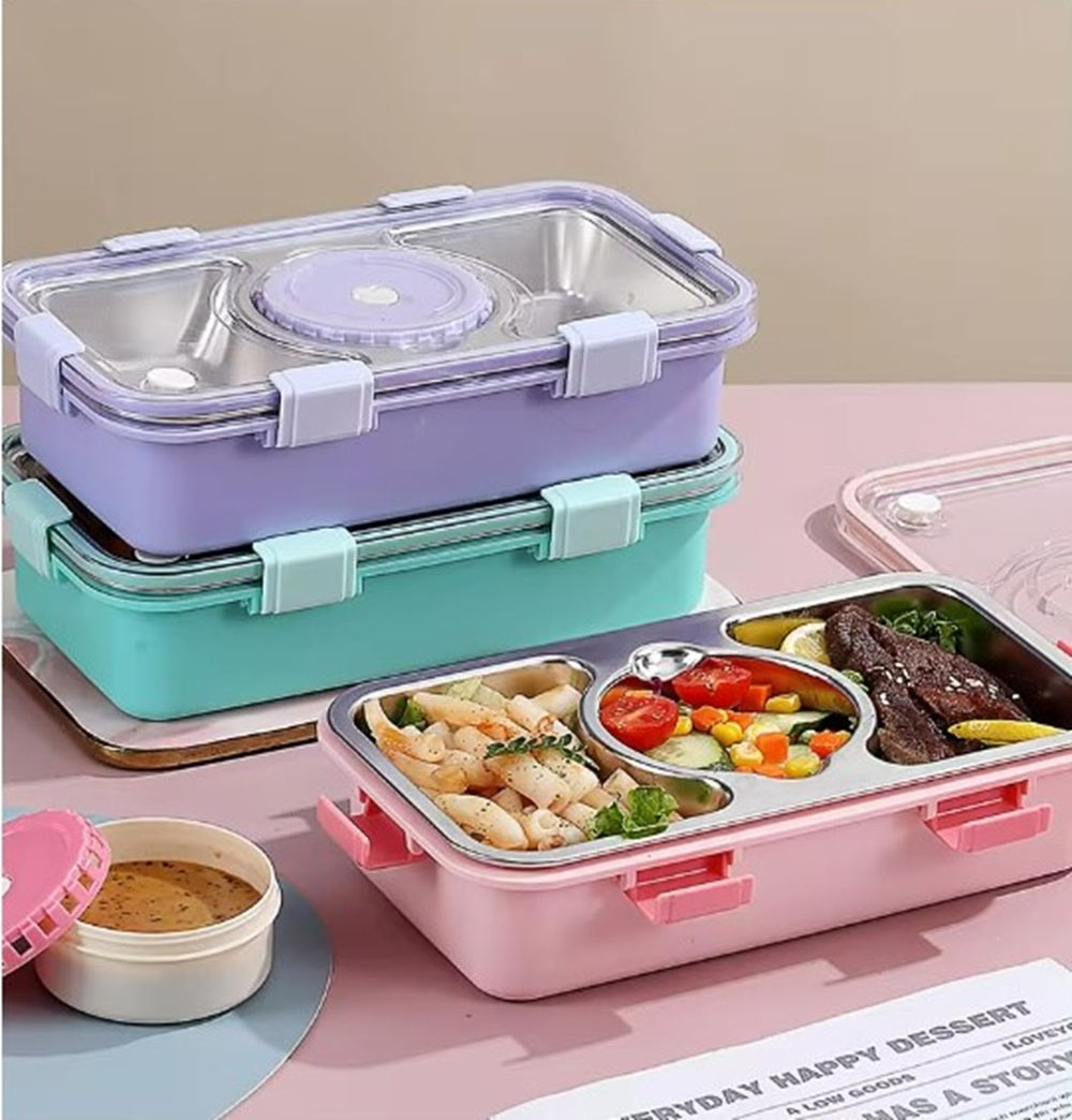 CuddleNest Stainless Steel Lunch Box with 3 Compartments (650ml + 150ml), Spoon & Chopsticks | Leakproof Thermal Tiffin for Kids & Office