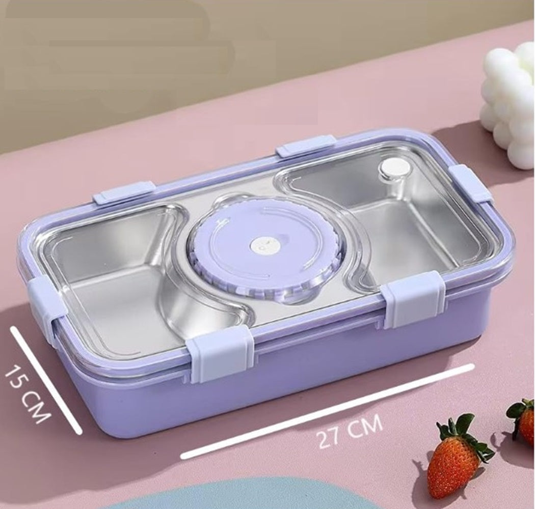 CuddleNest Stainless Steel Lunch Box with 3 Compartments (650ml + 150ml), Spoon & Chopsticks | Leakproof Thermal Tiffin for Kids & Office