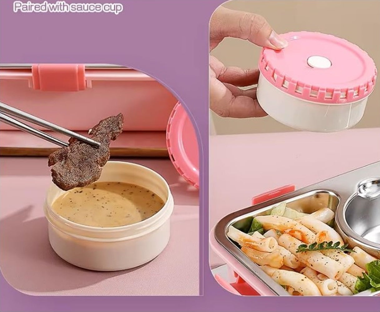 CuddleNest Stainless Steel Lunch Box with 3 Compartments (650ml + 150ml), Spoon & Chopsticks | Leakproof Thermal Tiffin for Kids & Office