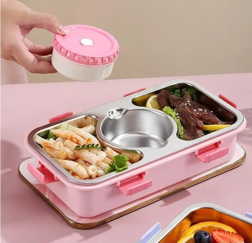 CuddleNest Stainless Steel Lunch Box with 3 Compartments (650ml + 150ml), Spoon & Chopsticks | Leakproof Thermal Tiffin for Kids & Office