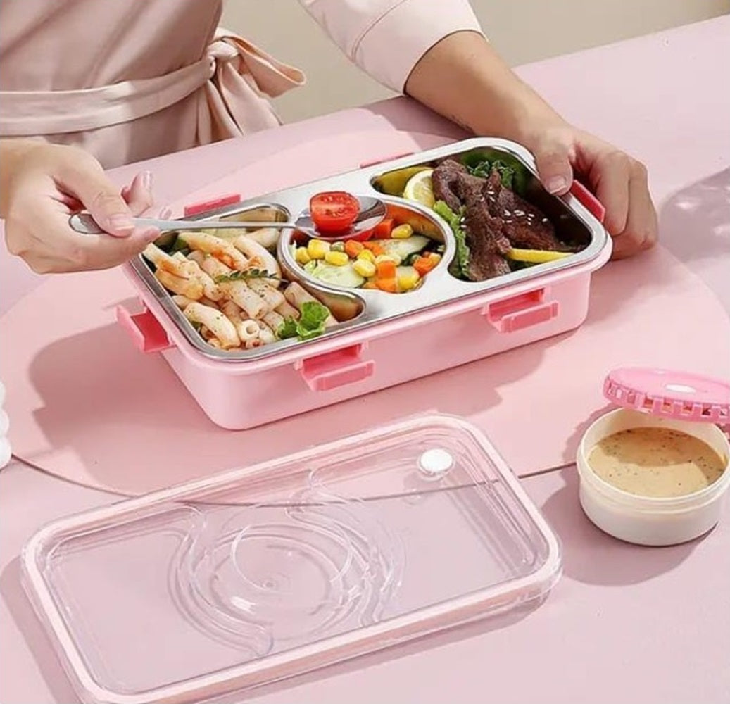 CuddleNest Stainless Steel Lunch Box with 3 Compartments (650ml + 150ml), Spoon & Chopsticks | Leakproof Thermal Tiffin for Kids & Office