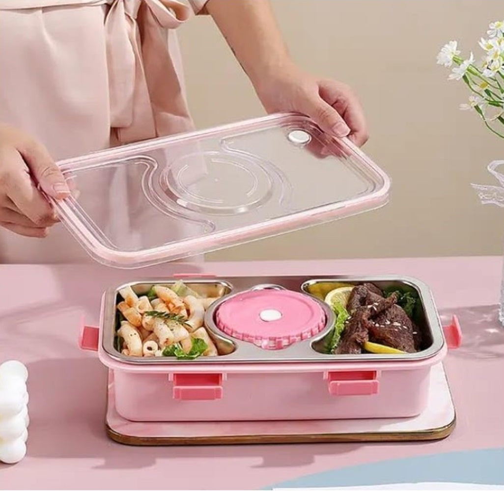 CuddleNest Stainless Steel Lunch Box with 3 Compartments (650ml + 150ml), Spoon & Chopsticks | Leakproof Thermal Tiffin for Kids & Office