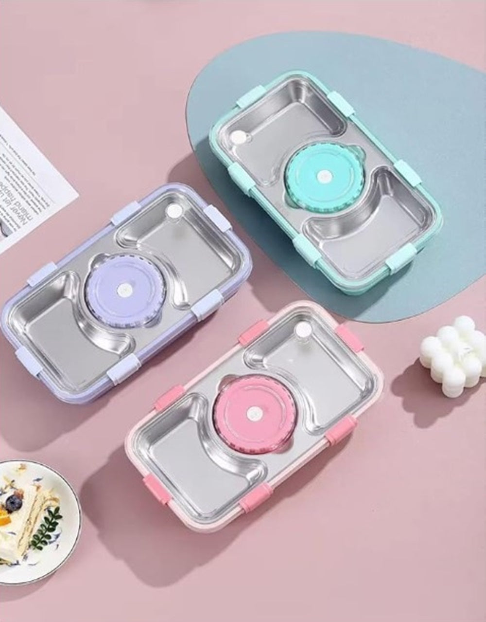 CuddleNest Stainless Steel Lunch Box with 3 Compartments (650ml + 150ml), Spoon & Chopsticks | Leakproof Thermal Tiffin for Kids & Office