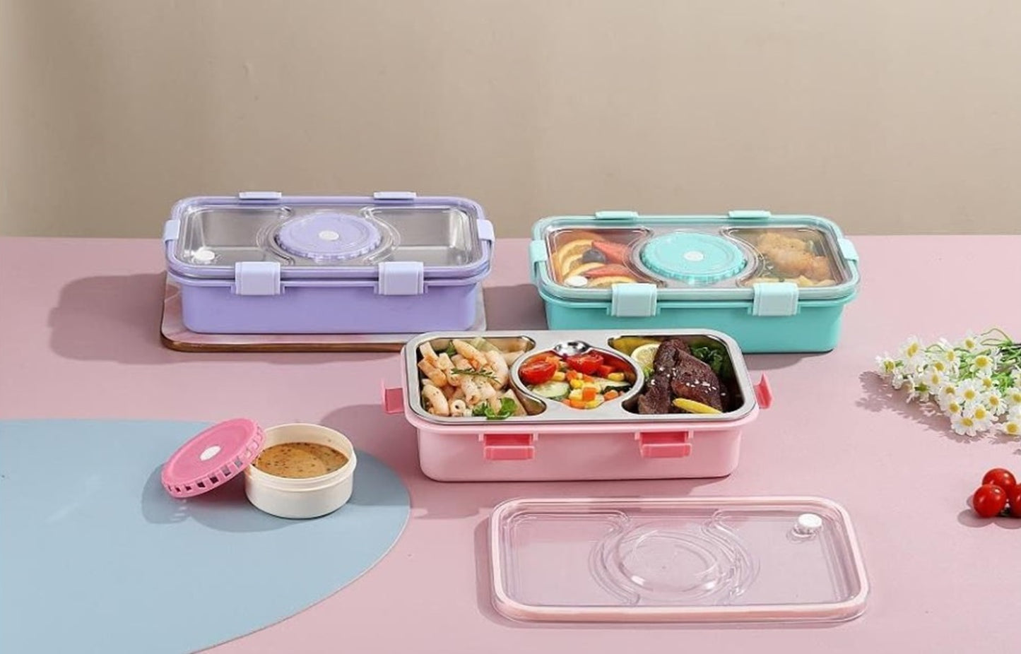 CuddleNest Stainless Steel Lunch Box with 3 Compartments (650ml + 150ml), Spoon & Chopsticks | Leakproof Thermal Tiffin for Kids & Office
