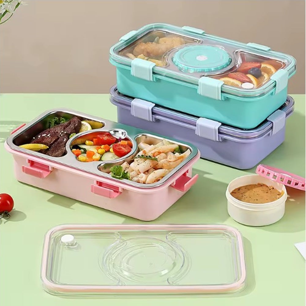 CuddleNest Stainless Steel Lunch Box with 3 Compartments (650ml + 150ml), Spoon & Chopsticks | Leakproof Thermal Tiffin for Kids & Office