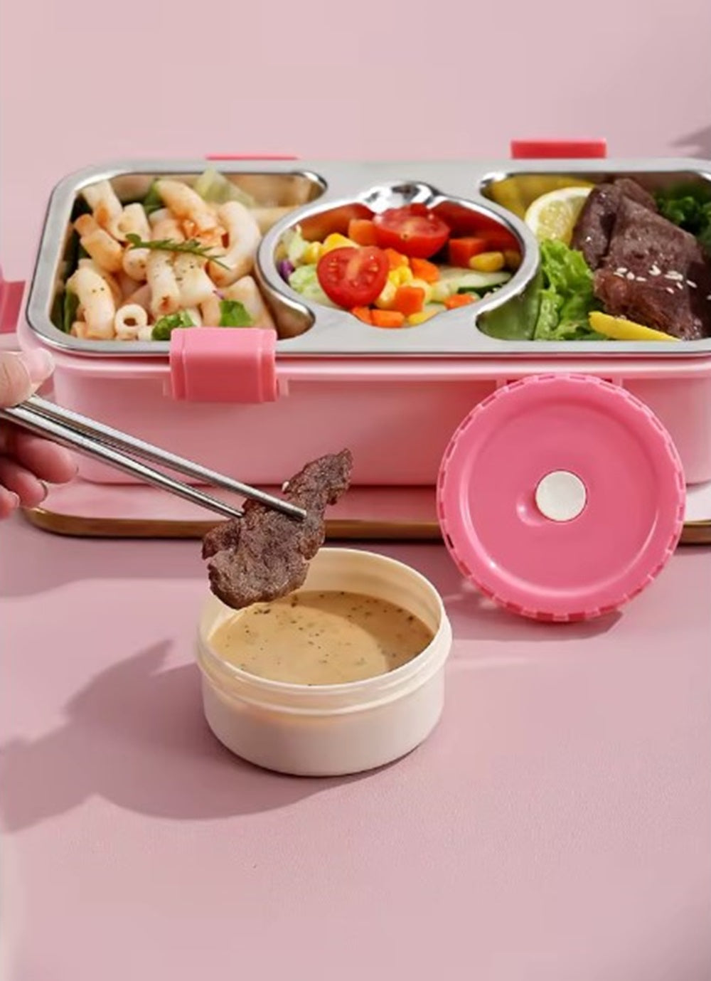 CuddleNest Stainless Steel Lunch Box with 3 Compartments (650ml + 150ml), Spoon & Chopsticks | Leakproof Thermal Tiffin for Kids & Office