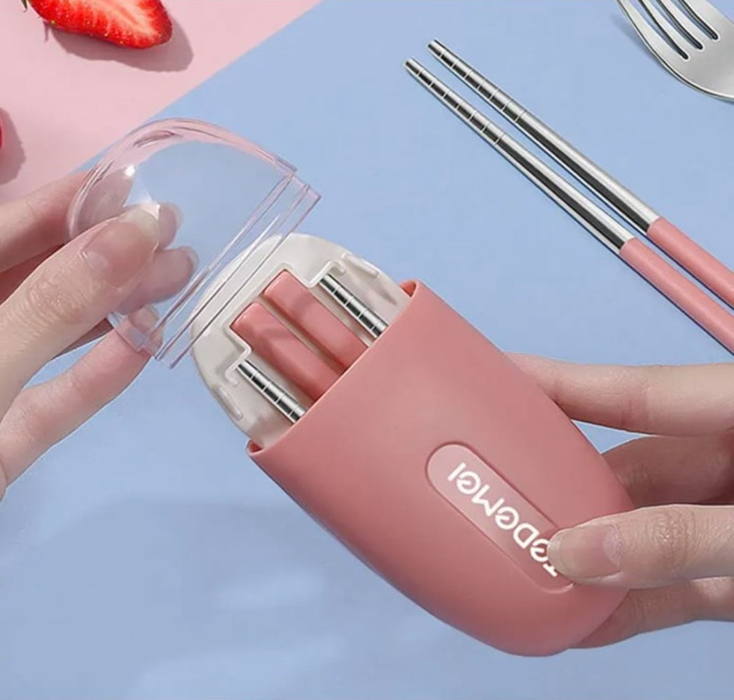 CuddleNest Reusable Stainless Steel Utensil Set | Fork Spoon Chopsticks with Compact Storage Case | Lightweight for Kids | School | Office | Travel-Friendly Cutlery