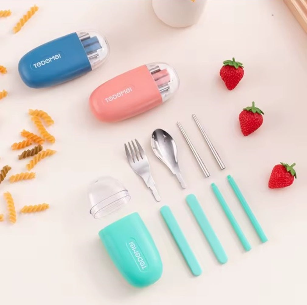 CuddleNest Reusable Stainless Steel Utensil Set | Fork Spoon Chopsticks with Compact Storage Case | Lightweight for Kids | School | Office | Travel-Friendly Cutlery
