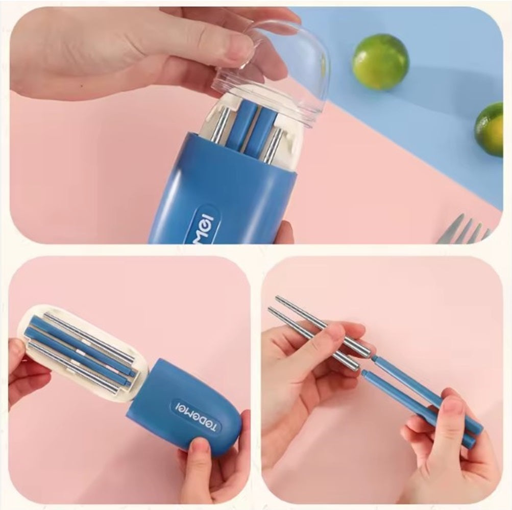 CuddleNest Reusable Stainless Steel Utensil Set | Fork Spoon Chopsticks with Compact Storage Case | Lightweight for Kids | School | Office | Travel-Friendly Cutlery