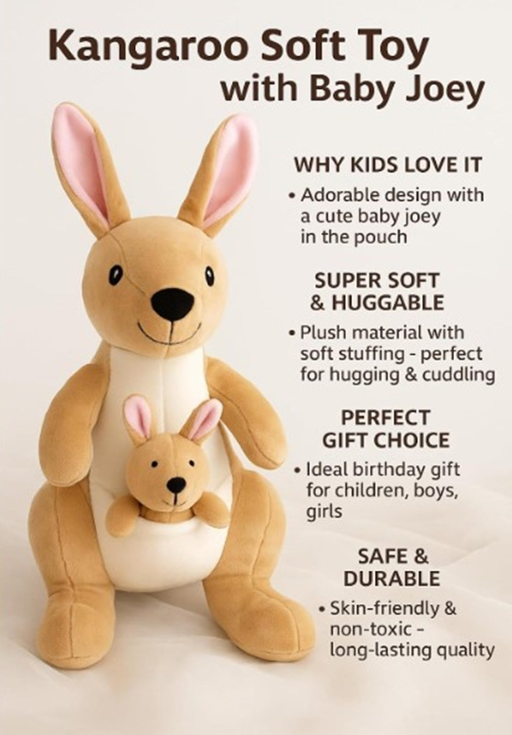 CuddleNest Kangaroo Soft Toy with Baby Joey Pouch – Ultra Soft & Cuddly Plush Animal for Kids, Toddlers, Boys, Girls & Gifting Stuffed Toy | 35 Cm