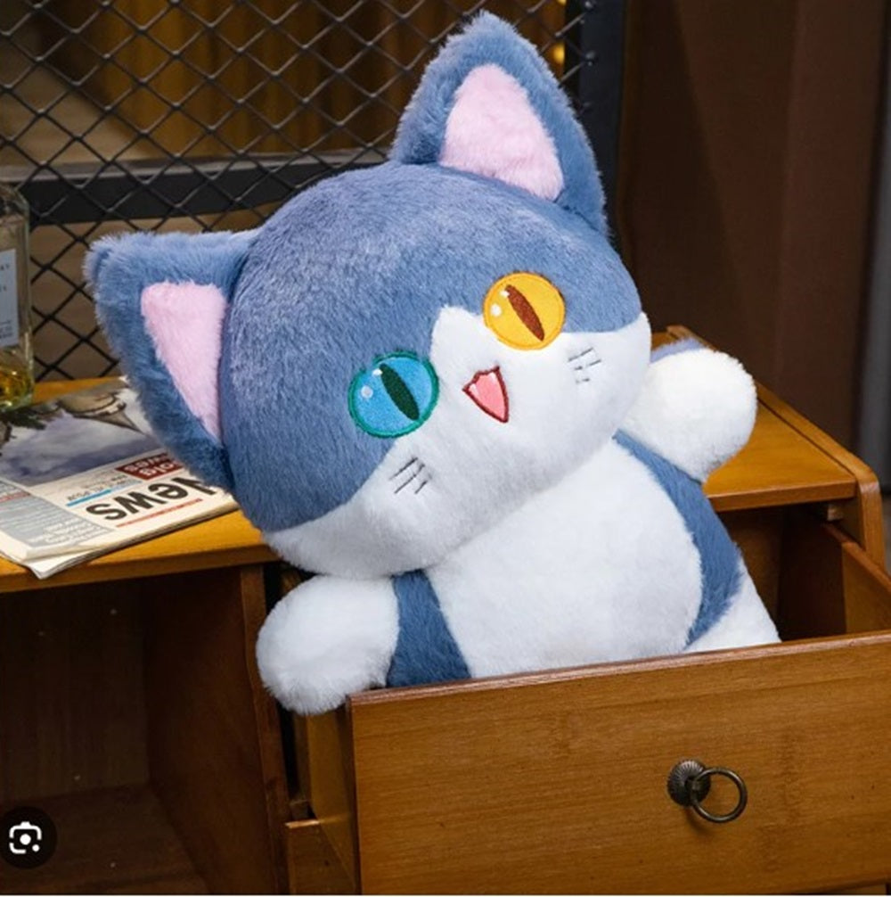 CuddleNest Adorable Cat Plush Toy with Unique Dual-Coloured Eyes – Fluffy Blue & White Soft Toy for Kids, Nursery Décor & Birthday Gifts | 30 Cm