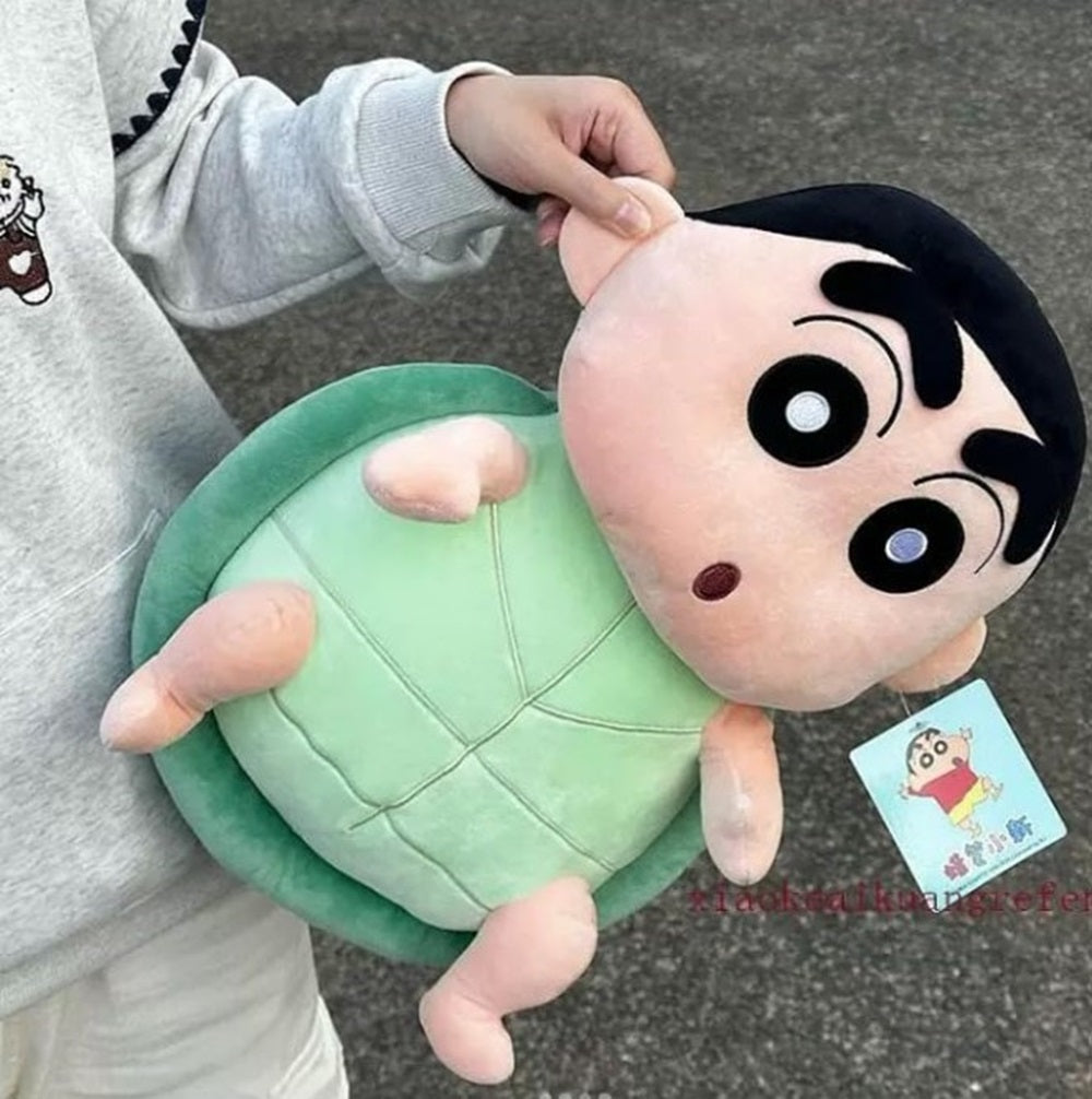 CuddleNest Cute Anime Shinchain Character Plush Toy | Shin chan Inspired Soft Doll with Green Shell Design | 25cm Stuffed Plushie Gift for Kids & Girls