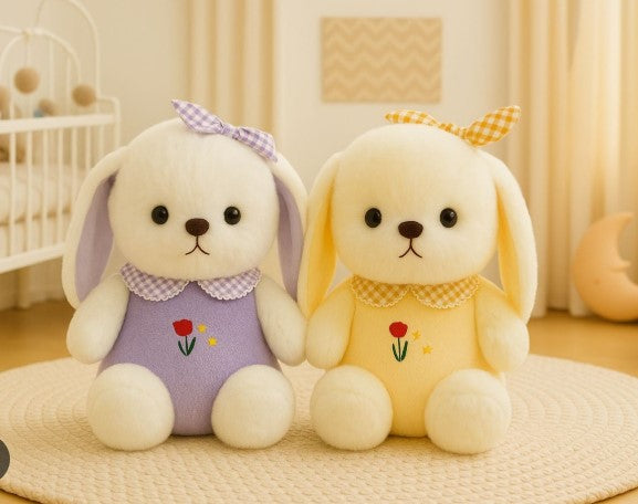 White Plush Bunny Soft Toy, Dress with Tulip Design, 35 cm, Stuffed Animal with Floppy Ears and Ribbon, for Kids